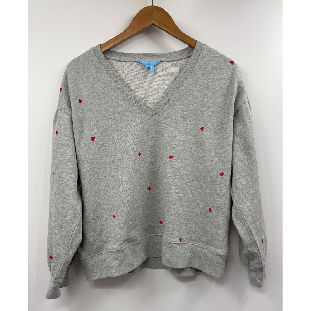 Draper‎ James Gray Heart Embroidered V-Neck Cotton Sweatshirt Small TOK0434 SP22